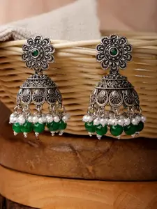 XPNSV Silver-Plated Stones Studded & Beads Beaded Dome Shaped Oxidised Jhumkas