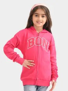 BONKIDS Girls Typography Printed Hooded Front-Open Sweatshirt