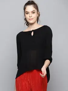 Trend Arrest Keyhole Neck Cuffed Sleeves Sheer Top