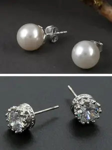 OOMPH Set Of 2 Cubic Zirconia-Studded & Beaded Studs Earrings