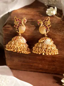 Rubans Gold Plated Faux Ruby Peacock Shaped Jhumkas