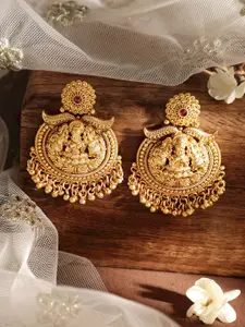Rubans 22K Gold-Plated Ruby Red Studded Lakshmi Motif Temple Chandbali Earrings