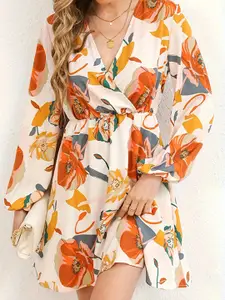 StyleCast Floral Printed V-Neck Long Sleeves A-Line Mini Dress