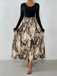 StyleCast Beige & Black Abstract Printed Round Neck A-Line Dress