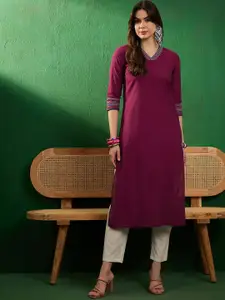 Sangria Burgundy V-Neck Thread Work Pure Cotton Straight Kurta