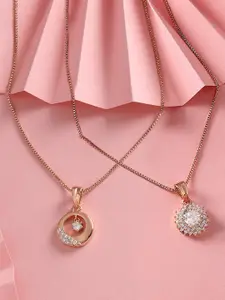 AMI Set Of 2 Rose Gold-Plated Cubic Zirconia Studded Pendant With Chain