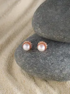 AMI Rose Gold Plated Pearl Beaded Contemporary Stud Earrings