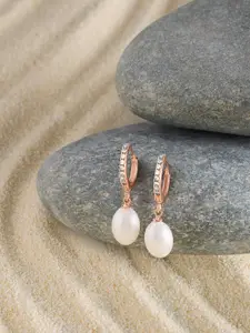 AMI Rose Gold Plated Cubic Zirconia Studded Teardrop Shaped Hoop Earrings