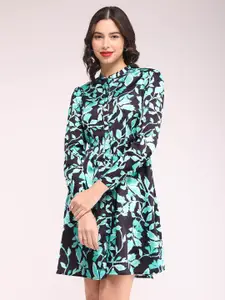 FableStreet Floral Printed Mandarin Collar Fit & Flare Satin Dress