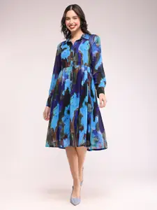 FableStreet Floral Print Tie-Up Neck Fit & Flare Dress