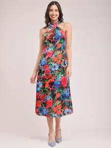 FableStreet Floral Printed Halter Neck Satin A-Line Midi Dress