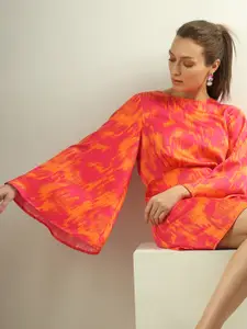 Vero Moda Abstract Printed Boat Neck Flared Sleeves Gathered Detail A-Line Mini Dress