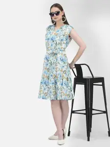 Crimsoune Club Floral Printed V-Neck Cap Sleeves Knee Length Fit & Flare Dress