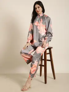 SHOWOFF Printed High-Neck Oversized Top With Trouser Co-Ords