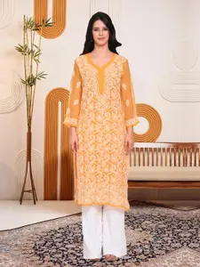 PARAMOUNT CHIKAN Embroidered Thread Work Lucknowi Chikankari Georgette Kurta With Slip