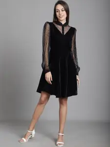 MARC LOUIS Self Design Mandarin Collar Puff Sleeves Ruffled Georgette Fit & Flare Dress