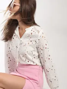 Vero Moda Self Design Mandarin Collar Puffed Sleeves Semi Sheer Cut Out Shirt Style Top
