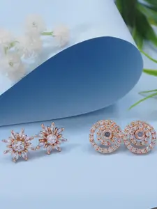 I Jewels Set of 2 Rose Gold-Plated Contemporary CZ Studs Earrings