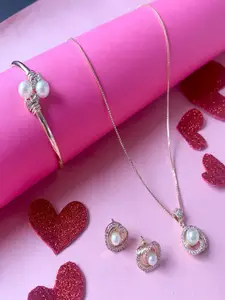 I Jewels Rose Gold-Plated Cubic Zirconia-Studded Necklace and Earrings With Bracelet
