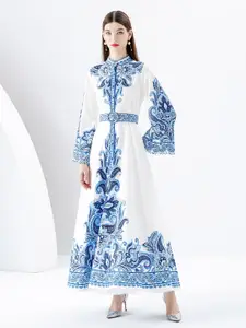 JC Collection Floral Printed Mandarin Collar Flared Sleeve Maxi Dress