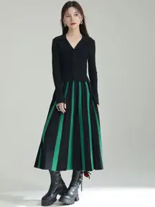 JC Collection Striped Pleated Flared Midi Skirt