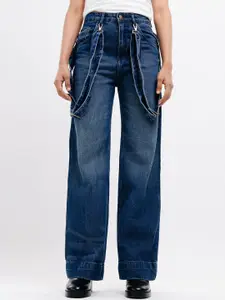 FREAKINS Women Straight Fit High-Rise Light Fade Cotton Jeans With Suspenders