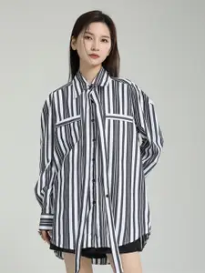JC Collection Vertical Striped Spread Collar Longline Casual Shirt
