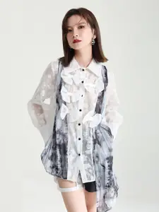 JC Collection Abstract Printed Asymmetric Ruffled Casual Shirt