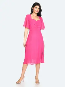Zink London Sweetheart Neck Flared Sleeves Ruched Linen Fit & Flare Midi Dress