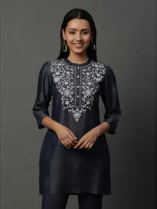 AURELIA Floral Embroidered Mandarin Collar Denim Straight Kurti