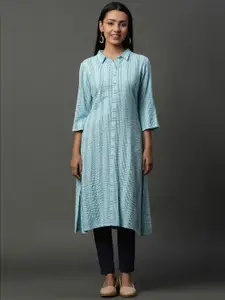 AURELIA Striped Shirt Collar A-Line Kurta