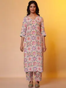 AURELIA  V-Neck Neck Three-quarter Floral Printed Kurta