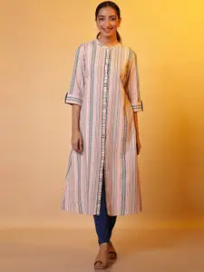 AURELIA Band Collar Three-quarter sleeves Striped Cotton Kurta