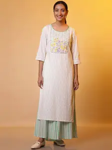 AURELIA Round Neck Floral Embroidered Straight Cotton Kurta