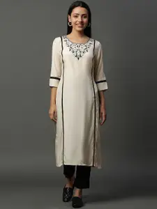 AURELIA  Embroidered Thread Work Round Neck Three-Quarter Sleeves Straight Kurta