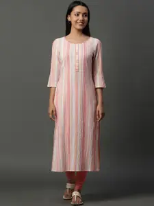 AURELIA Striped Round Neck Three-Quarter Sleeves Straight Kurta