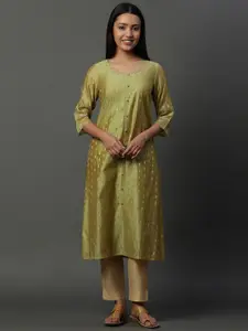 AURELIA Round Neck Woven Design Gotta Patti Straight Kurta