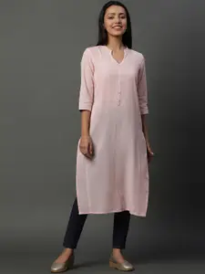 AURELIA Striped Band Collar Cotton Straight Kurta