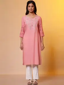 AURELIA Floral Round Neck Regular Sleeves Embroidered Straight Kurta