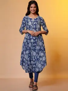 AURELIA Floral Printed Keyhole Neck Regular Sleeves Cotton Curved A-Line Kurta