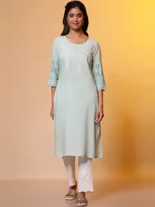 AURELIA Round Neck Floral Embroidered Straight Kurta