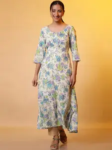 AURELIA Scoop Neck Floral Printed Gotta Patti Rayon Flared Kurta with Tie up Lace