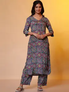 AURELIA Ethnic Motifs Printed V-Neck Regular Sleeves Straight Kurta