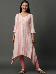 AURELIA Striped Flared Sleeves Thread Work A-Line Cotton Kurta