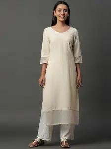 AURELIA Floral Embroidered Scoop Neck Cotton Straight Kurta