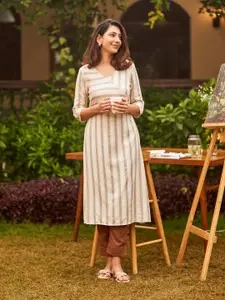 AURELIA Striped Thread Work V-Neck A-Line Kurta