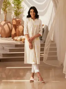 AURELIA Mandarin Collar Floral Print Striped Cotton Straight Kurta