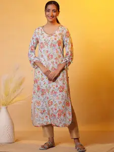 AURELIA V Neck Floral Print Sequined Rayon Tie up Sleeves Straight Kurta