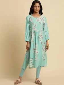 W Blue Floral Printed Keyhole Neck Thread Work Empire A-Line Kurta