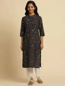 W Checked Mandarin Collar Pure Cotton Straight Kurta